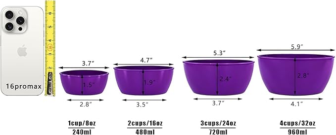 4-Piece Classic Plastic Prep Bowls with Lids, Nesting Plastic Small Mixing Bowl Set for Mixing, Baking, Prepping, Cooking and Serving Food, Microwave and Dishwasher Safe (Purple)