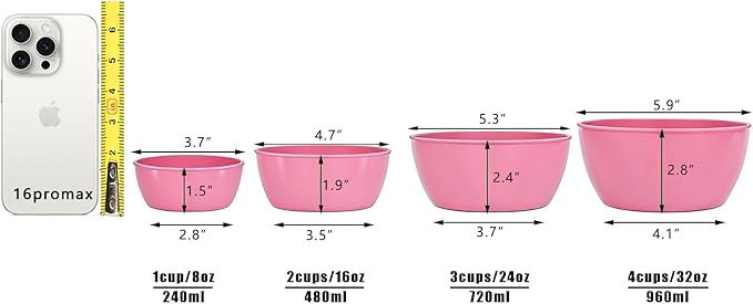 4-Piece Classic Plastic Prep Bowls with Lids, Nesting Plastic Small Mixing Bowl Set for Mixing, Baking, Prepping, Cooking and Serving Food, Microwave and Dishwasher Safe (Pink)