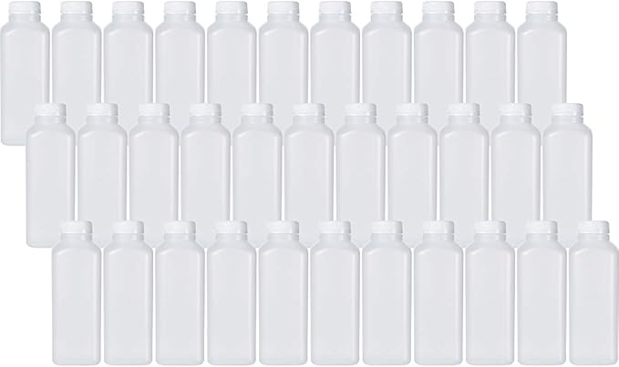 16 Oz Empty Plastic Juice Bottles with Tamper Evident Caps – 33 Pack Drink Containers - Great for Homemade Juices, Milk, Smoothies, Tea and Other Beverages - Food Grade BPA Free