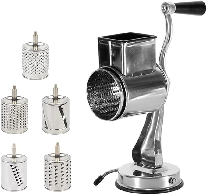 Rotary Cheese Grater Vegetable Potato Slicer Upgrade Stainless steel Rotary Handheld Grater Food Grater with 5 Blades for Vegetable Chesse Chocolate