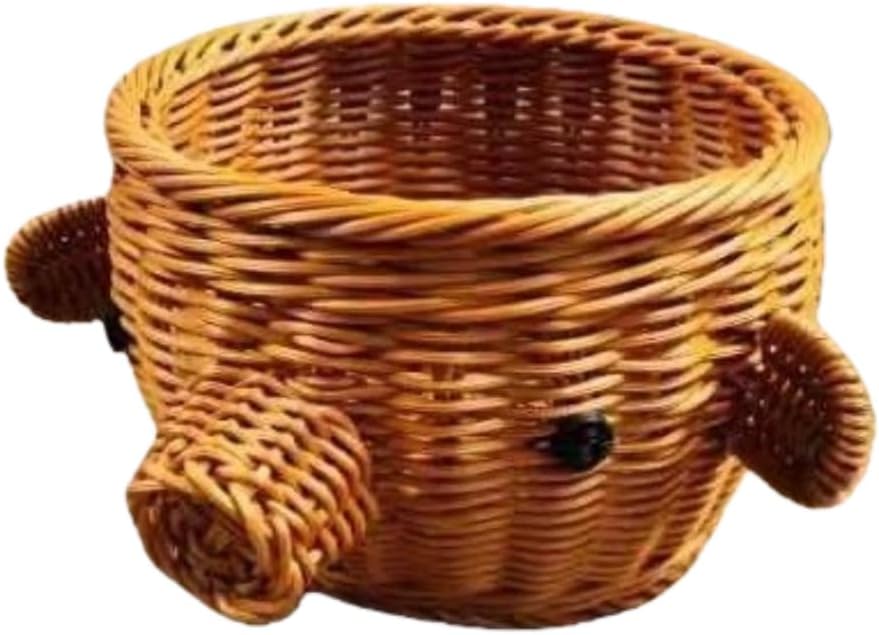 hand-woven round rattan basket storage basket storage box ornaments decorative basket multifunctional picnic food bread basket fruit gift basket key basket. (pig)