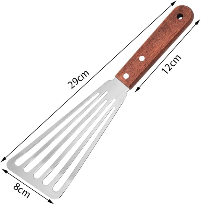 Stainless Steel Fish Spatula with Wooden Handle, Metal Spatula Flipping Foods, Slotted Fish Flipper, Brown 2 Pack