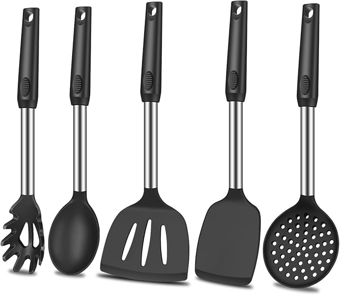 5Pcs Silicone Spatula Heat Resistant Long Large Spatulas Set for Nonstick Cookware, Rubber Pancake Fish Turner Spatula for Kitchen Use Silicone Cooking Kitchen Utensils Set Black