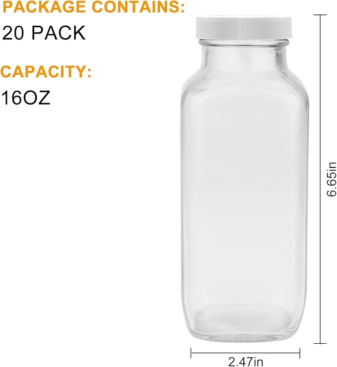 Encheng Vintage Water Bottles,Glass Drinking Bottles 16oz,Clear Beverage Bottle 500ml With Lids For Kombucha,Tea,Glass Bottles For Homemade Drinks,Travel Reusable Juicing Milk Bottle,20 Pack