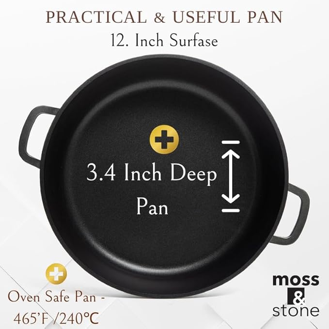 Moss & Stone 12 Inch Nonstick Large Skillet with Lid, 5 Quart Deep Saute Pan, Dishwasher & Oven Safe, Double Handled Frying Pan With Lid, PFOA Free Induction Compatible Cookware