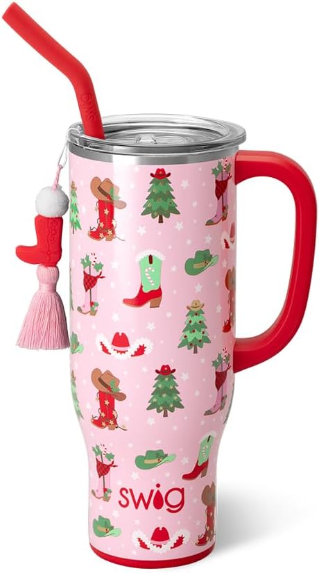 Swig Life 30oz Mega Mug, 30 oz Tumbler with Handle and Straw, Cup Holder Friendly, Dishwasher Safe, Extra Large Insulated Tumbler, Stainless Steel Water Bottle (Howdy Holidays)