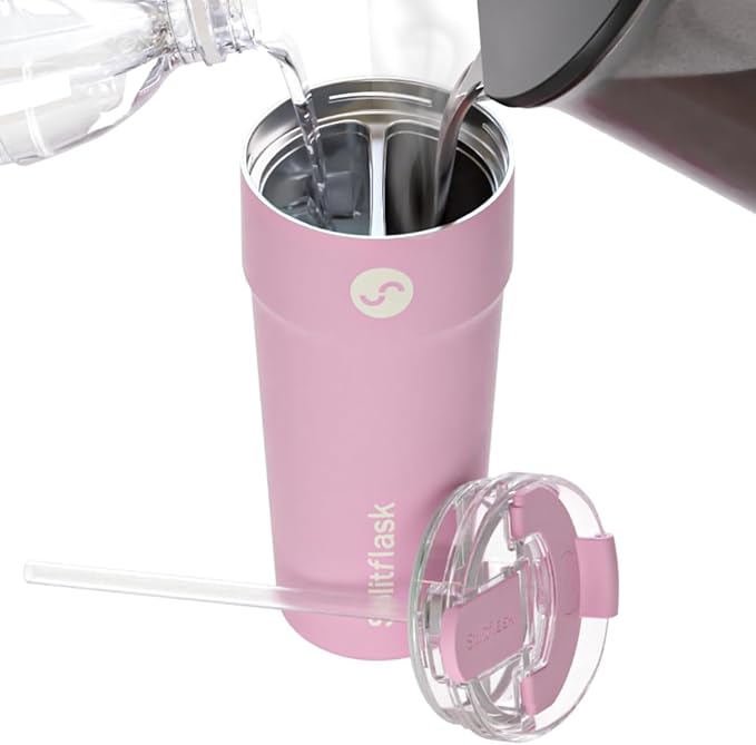 Splitflask 2-in-1 Dual Chamber Tumbler 30oz Hot & Cold Insulated Cup with Straw & Sip Lid, Leak Resistant Stainless Steel Travel Mug for Coffee, Water, Moms, Gym, Work, Car Cup Holder BPA-Free