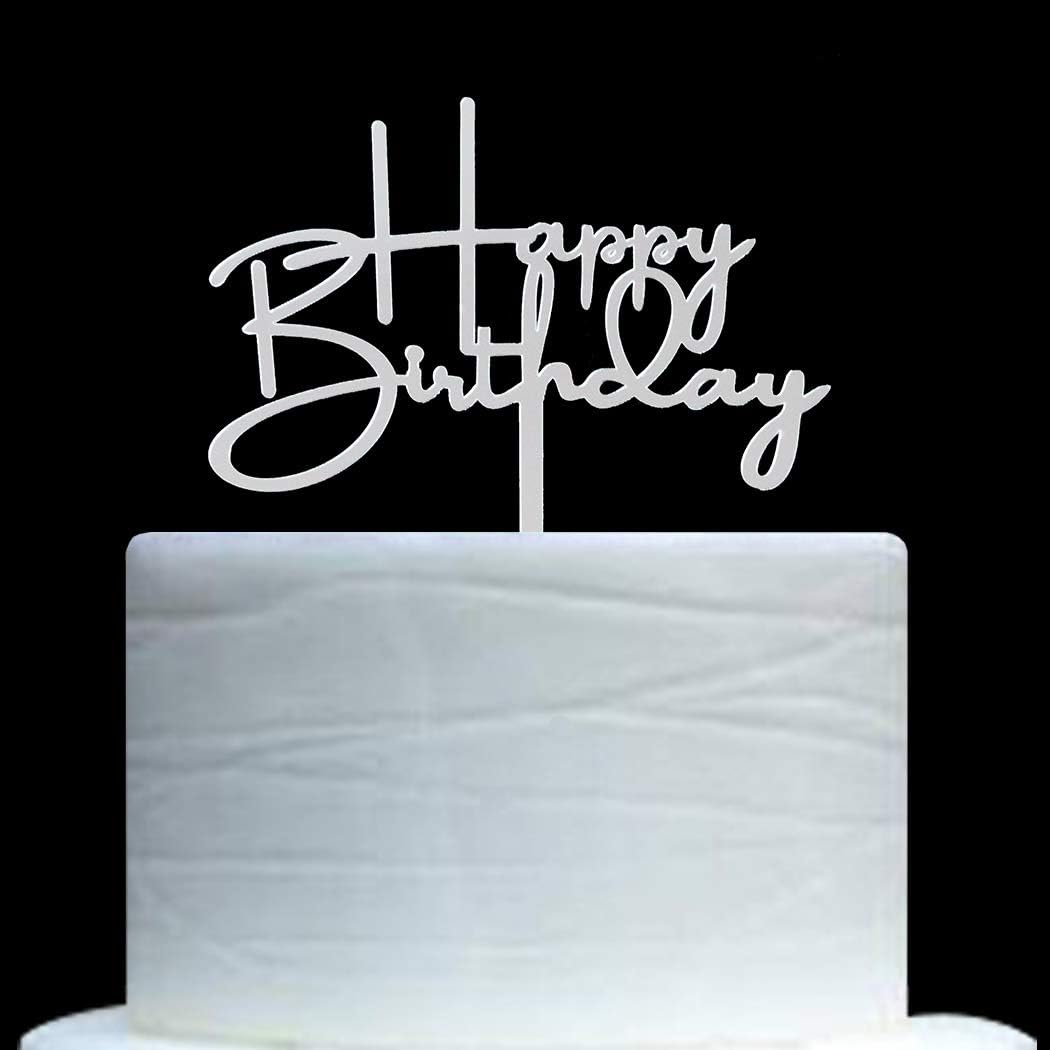 Happy Birthday Cake Topper for Birthday Party Decorations, Mirror Silver Acrylic
