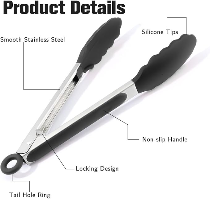 Kitchen Tongs 9'' and 12'' Tongs for Cooking 2 Pcs Black Silicone Tongs Stainless Steel Locking Food Tongs with Silicone Tips Heat Resistant Serving Tong for BBQ Food Grilling Salad Kitchen Utensils