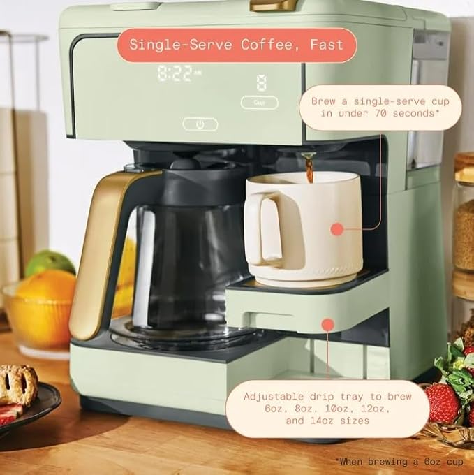 Beauti Multi Brew 12 Cup Programmable Drip & Single Serve Coffee Maker, Versatile Brewing (6oz, 8oz, 10oz, 12oz, 14oz), Pods or Ground, Over Ice option, Keep Warm mode (Sage Green)