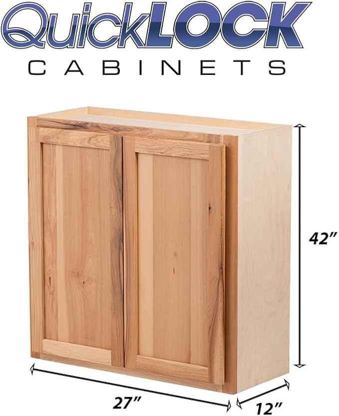 Quicklock RTA (Ready-to-Assemble) 42" Tall Wall Kitchen Cabinets - Shaker Style | 100% Hardwood | Made in America | Soft Close Hardware (12" D x 27" W x 42" H, Rustic Hickory)