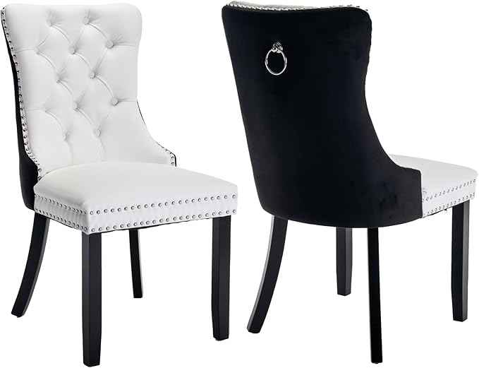 Dining Chairs Set of 2, Upholstered Dining Room Chairs with Back Ring Pull Trim and Solid Wood Legs, Modern Tufted Kitchen Chairs Perfect for Dining Room, White Pu Leather Splicing Black Velvet