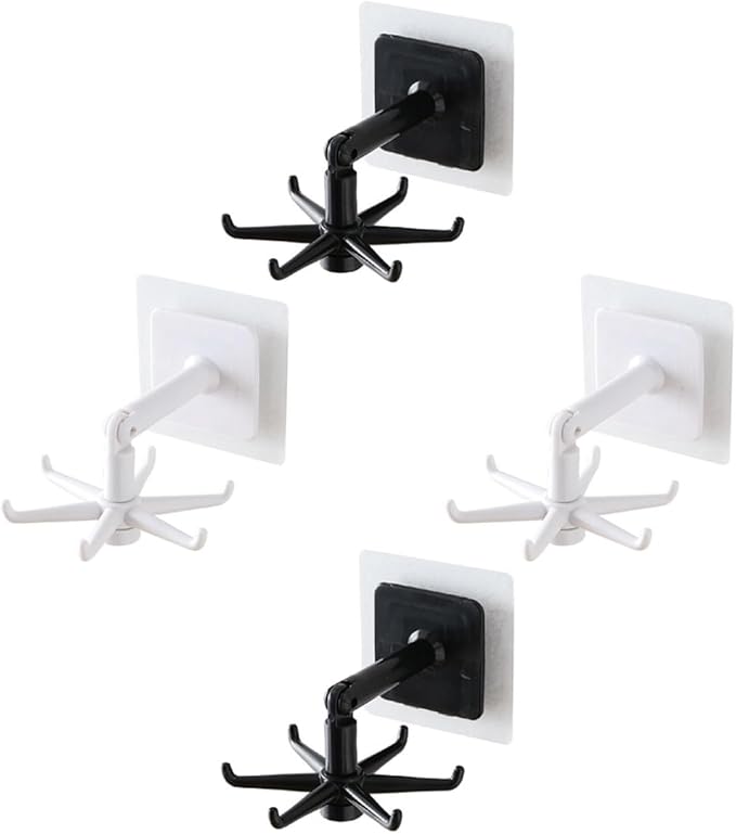 GLEAVI 4pcs 360-degree Rotatable Kitchen Utensil Hooks, Wall-Mounted Heavy Load Hanging Hooks for Kitchenware, Under Cabinet Sticky Holders in Black and White