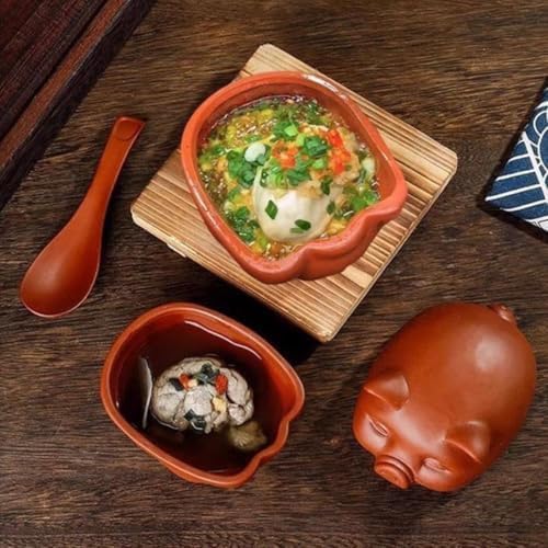 Ceramic Cooking with Lid small Heat Resistant Compatible Earthen Ceramic Cooking Pot Unglazed for Cooking, Rice Meat Soup Family Meals with Tray, spoon(11 * 9 * 9cm)