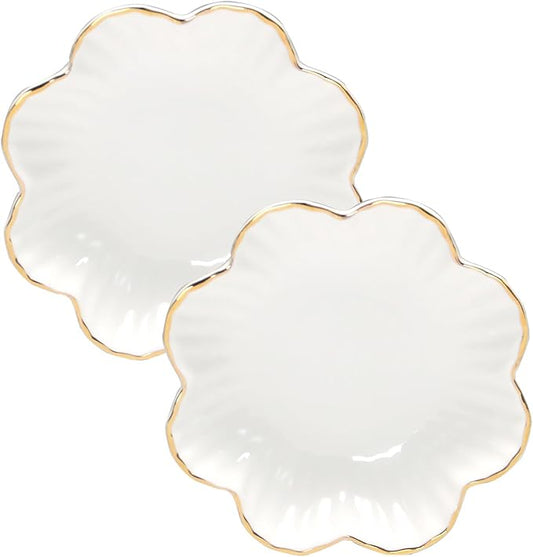 Porcelain Serving Dish,Ceramics Flower Relish Tray with Metallic Rim,Serving Bowls for Wedding,Party Perfect for Small Cereal, Pasta, Salad, Candy and Snacks White 8 inch (2pc-8inch)