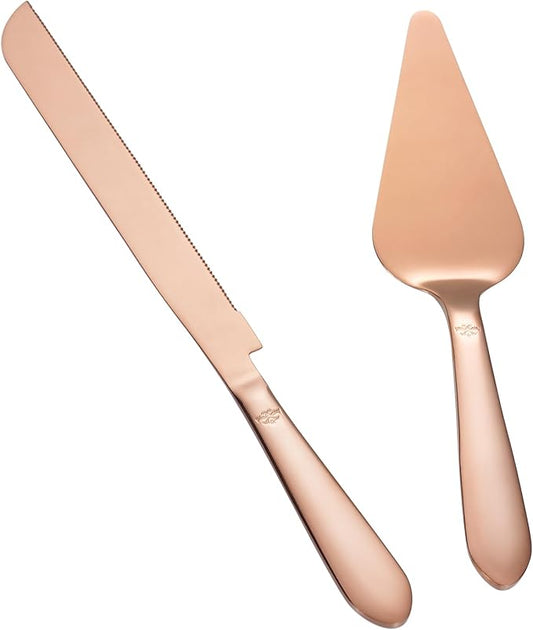 Wedding Cake Knife and Server Set, Integral Stainless Steel Longer Cake Cutter and Wider Pie Spatula, Elegant Cake Cutting Serving Set for Party Birthday Bridal Shower Set of 2, Rose Gold