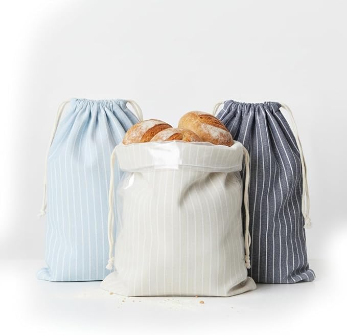 Reusable Bread Bags with Drawstring | XL Pack of 3 | Eco-Friendly Washable Linen Bread Bag & Spacious Sourdough Bread Storage | Bread Bags Reusable Keeps Your Loaf Fresh | Strips Design