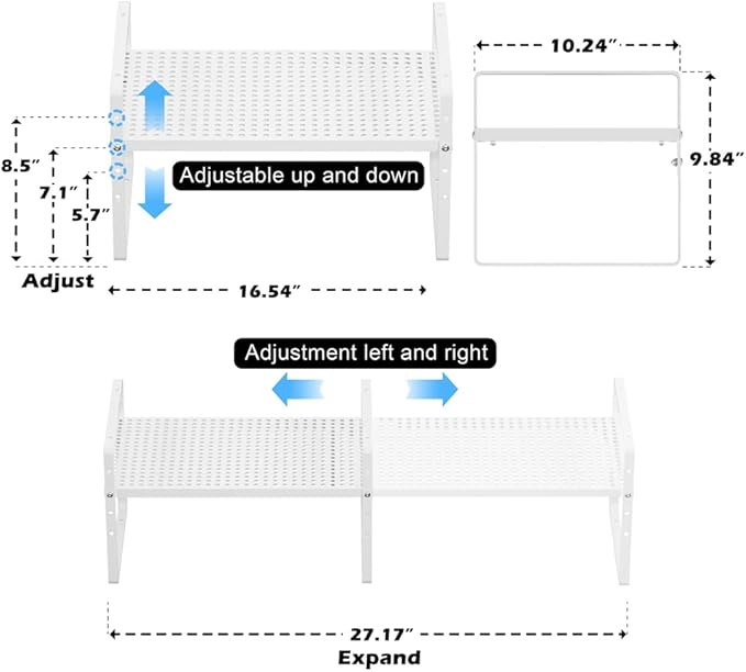 Expandable Cabinet Shelf Organizer, Stackable Pantry Cabinet Counter Under Sink Shelves Inside Cabinet Storage for Kitchen Bathroom Office, 2 Packs, White