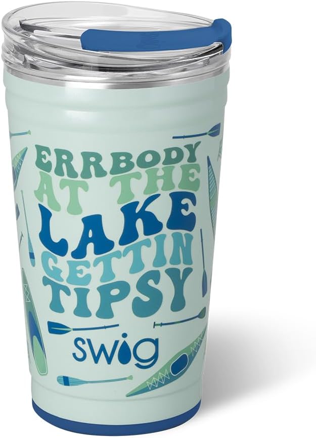 Swig Life 24oz Party Cup, Stackable Insulated Travel Coffee Tumbler with EZ Slider Lid, Cup Holder Friendly, Stainless Steel 24 oz Tumbler, Reusable Coffee Mug (Errbody Lake)