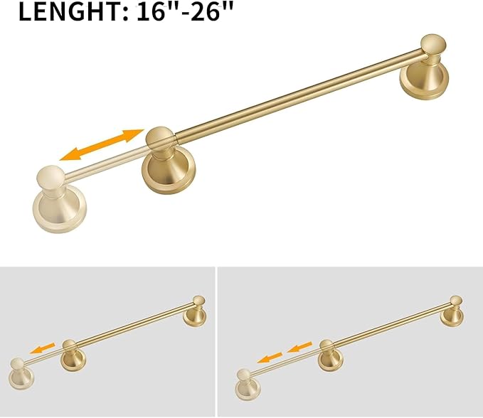 BESy Adjustable 16 to 26 Inch Bath Towel Bar Rack for Bathroom Towel Holder, Wall Mounted Towel Bar Rod Hanger Bathroom Hardware Accessories Hotel Style, Stainless Steel, Brushed Gold