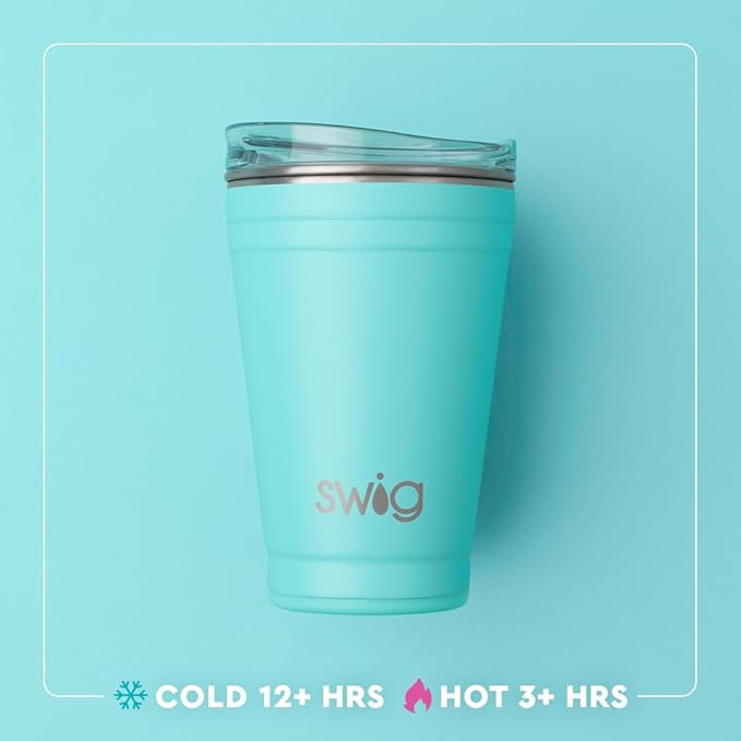 Swig Life 18oz Party Cup, Stackable Insulated Travel Coffee Tumbler with EZ Slider Lid, Cup Holder Friendly Travel Bottles, Stainless Steel 18 oz Tumbler, Reusable Coffee Mug (Blue Lagoon)