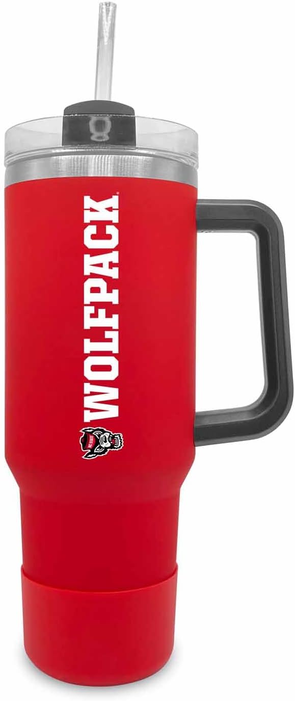 Campus Colors College & University 40 oz Travel Tumbler With Handle - Dual Option Lid With Straw - Vacuum Insulated Stainless Steel (NC State Wolfpack - Red)