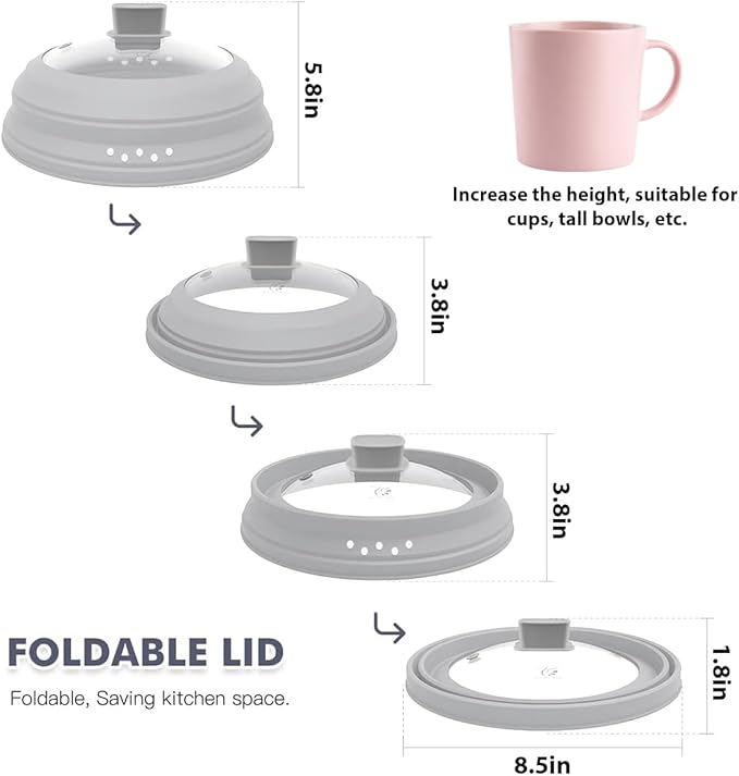 2 Pack Microwave Splatter Cover Glass Guard Lid with Collapsible Silicone for Food Pot Plate 8.5 inch and 9.8 inch Grey, Tall Lid and Standard Size Lid