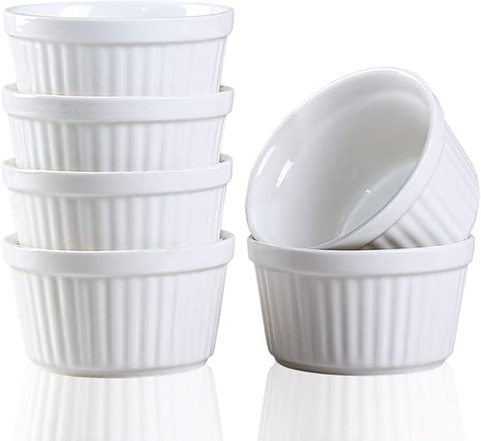Ramekins 6oz Oven Safe,Creme Brulee Ramekin and Souffle Dishes,Porcelain Baking Bowls,Dipping Sauce Dish.Pudding Cups,Set of 6, White