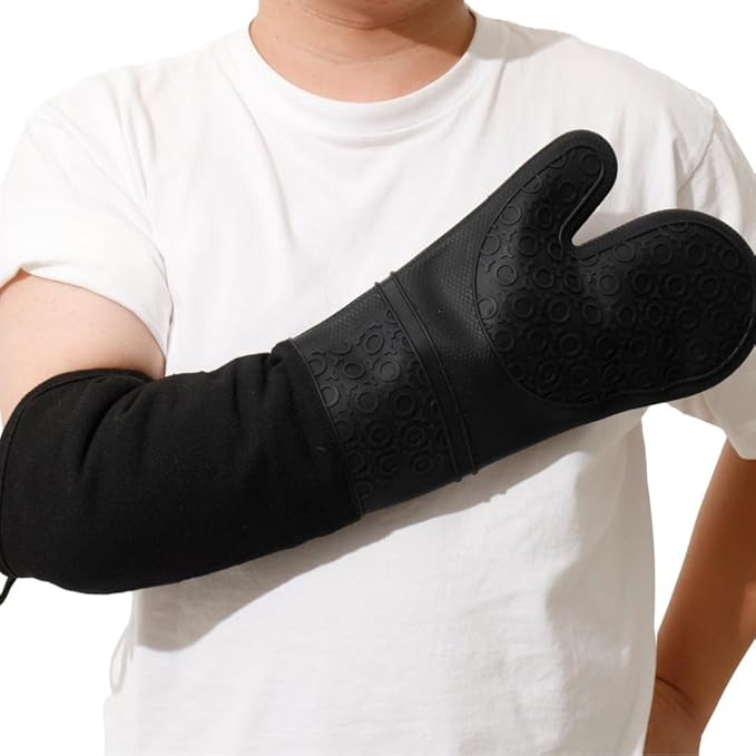 Extra Long High Temp Oven Mitts - 2pcs Commercial, Heavy Duty Non-Slip Grip Mitts - Silicone Heat Resistant Up to 500 Degrees, Ideal for Cooking, Baking & Frying, Black