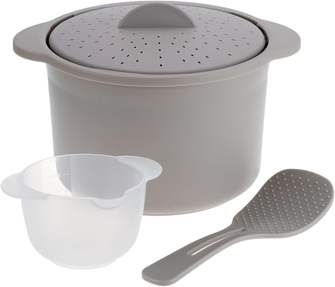 Microwave Rice & Grain Cooker – Easy Cook Container with Locking Lid, Heat-Resistant Handles – Includes Measuring Cup & Mixing Paddle – Cooks Rice, Grains, Veggies & More