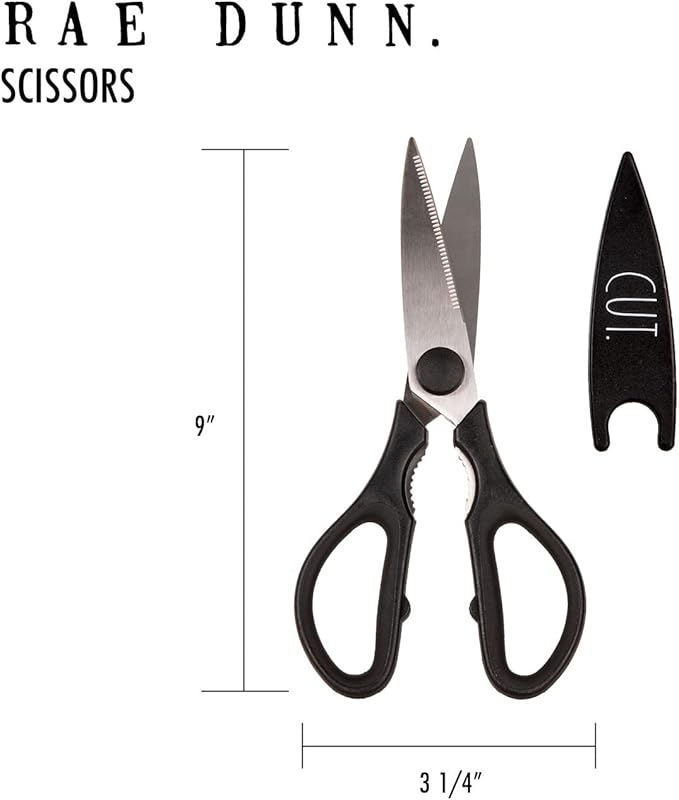 Rae Dunn Kitchen Scissors- Stainless Steel Kitchen Shears, Cooking Scissors for Cutting Meat, Chicken, Herbs and Produce with Blade Cover and Soft Grip Handles (Black)