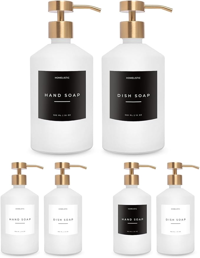 homelistic Matte White Glass Soap Dispenser Set with Champagne Gold Pump – 16oz Refillable Kitchen & Bathroom Soap Dispensers (2 Pack) Rust-Resistant Stainless Steel Pumps, 48 Labels
