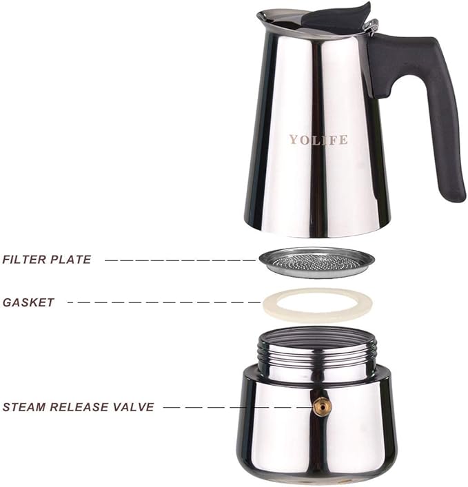 YOLIFE Mini Stovetop Espresso Maker, Induction Small Moka Pot for Italian Coffee, Cappuccino and Latte, Stainless Steel,4 Espresso Cup (1 Cup= 50ml) (200ml / 7oz)