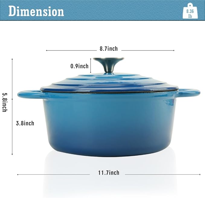 Enameled Cast Iron Dutch Oven with Lid, 3 Quart Heavy Duty Cookware Pot with Dual Handles for Bread Baking, Braising, Stews, Roasting and Oven Safe, Blue
