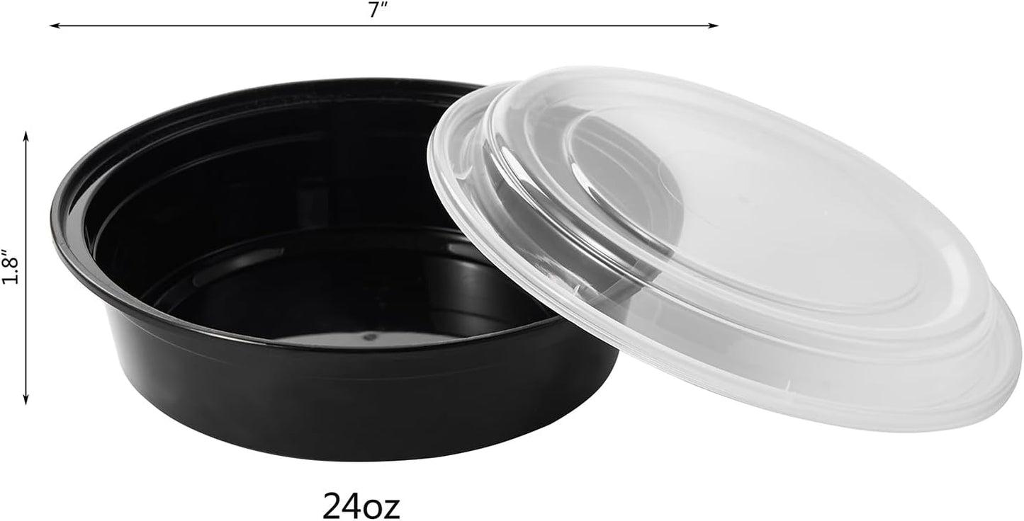FULING 24 oz 50 ct Round Meal Prep Food Storage Containers with Lids To Go Plastic Lunch Plan Box Disposable Take Out Bowls Black BPA Free Reusable Durable Stackable Microwave Freezer Dishwasher Safe