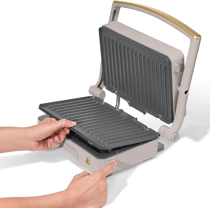 Panini Press Indoor Grill 1 2-in-1200W Non-Stick Removable Plates Sandwich Maker by Drew Barrymoree. (Porcini Taupe)
