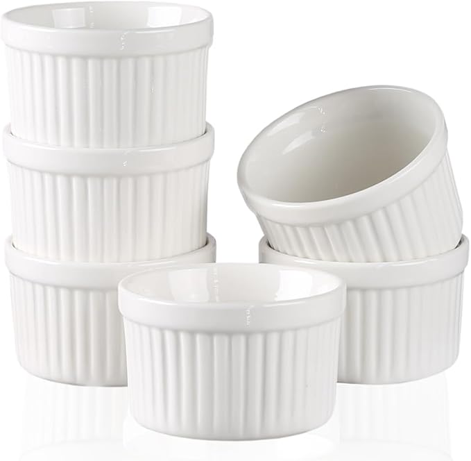 Ramekins 4oz,Creme Brulee Ramekins and Souffle Dishes,Porcelain Oven Safe Baking Bowls,Pudding Cups,Dipping bowl,Set of 6,White
