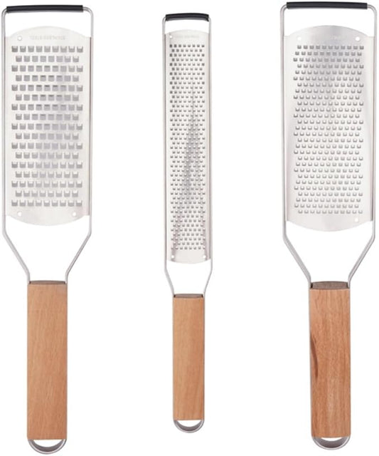 SHIKORI Professional Cheese Graters for Kitchen Stainless Steel Handheld, Metal Lemon Zester Grater With Wood Handle For Cheese, Chocolate, Spices, Kitchen Gadgets And Tools-3 Pcs