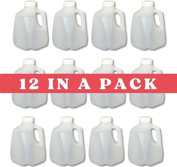 12 Pack – Mini Milk Jugs with Lids – Squat Plastic Milk Storage Containers Hold 1 Quart / 32 Ounces of Juice, Water, Milk, or Tea