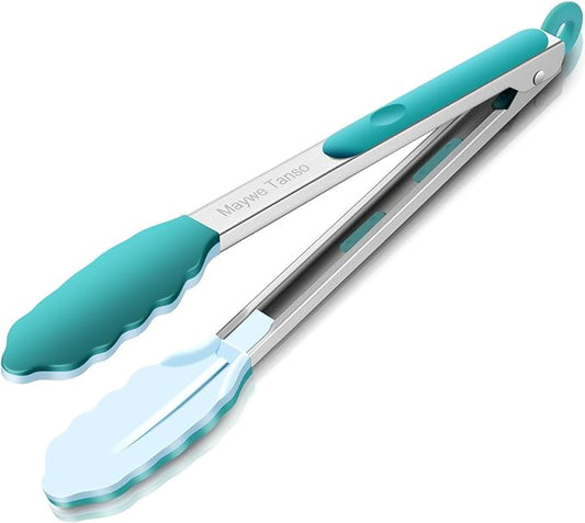 600℉ Heat Resistant Kitchen Tongs for Cooking with Silicone Tips,12-Inch Stainless Steel Locking Cooking Tongs Food Tongs for BBQ,Cooking,Salad and Serving Food,Heavy Duty,Non-Stick (Turquoise)