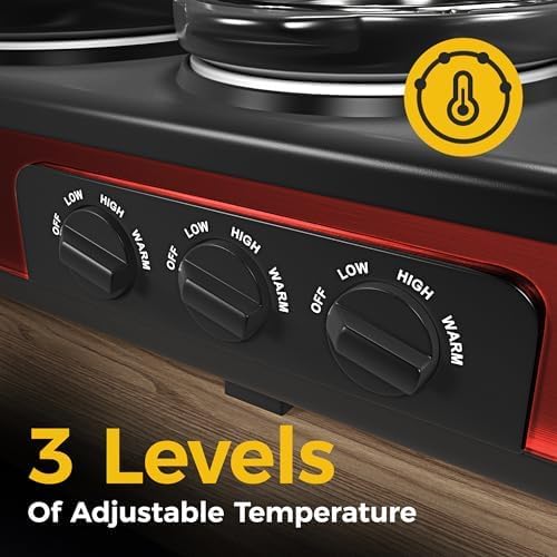 3 * 1.5 Quarts Triple Slow Cooker, Buffet Server & Warmer with 3 Removable Ceramic Pots, 3 Adjustable Temp Settings & 3 Metal Lid Rests, Stainless Steel, Red