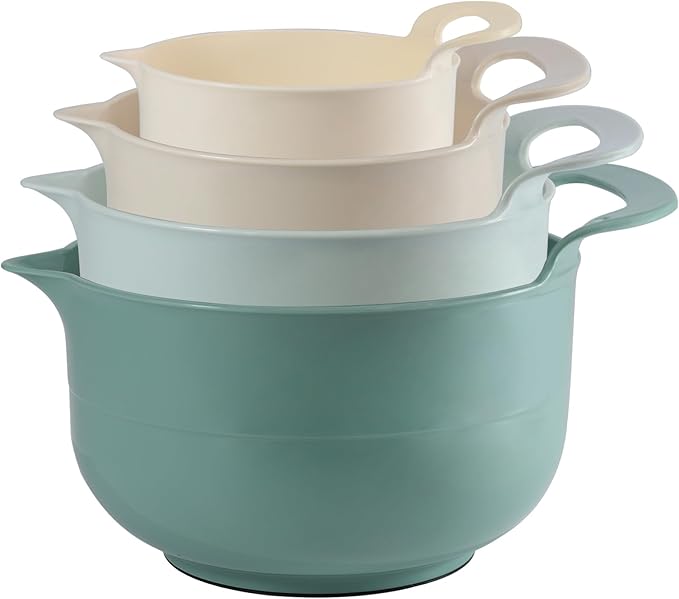 Mixing Bowls - 4 Piece Nesting Plastic Mixing Bowl Set with Pour Spouts and Handles - Non Slip Bottom and Measurement Markings (Light Green)
