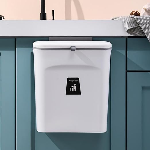 minkissy Wall-Mounted Indoor Compost Bucket 9l with Inner Bin, Sealed Kitchen Hanging Trash Can for Household Food Waste Collection, White Plastic Countertop Waste Container