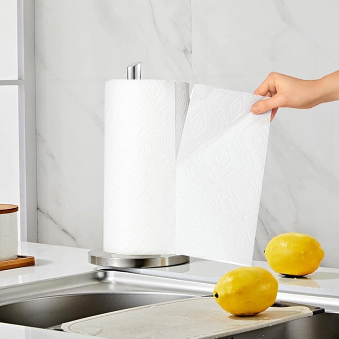 Paper Towel Holder countertop, Free-Standing Kitchen roll Holder for Kitchen Bathroom, Paper Towel Holder Stand Dispenser with Stainless Base Fits Standard (Silver)