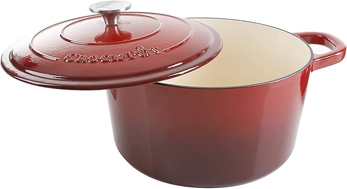 Crock Pot Artisan 5-Quart Round Enameled Cast Iron Dutch Oven – Red, Durable Heavy-Duty Cookware for Slow Cooking, Roasting, Baking with Lid