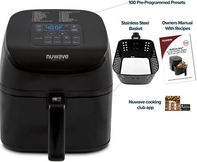Nuwave 4.5-Qt Brio Air Fryer, 100 Pre-Programmed Recipes & 100 Memory Slots to Save & Recall Favorite Recipes, 100°F-400°F, Linear Thermal (Linear T) Technology for Perfect Results (Renewed)