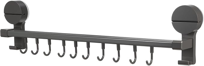 BESTOYARD Punchless Kitchen Utensil Hooks Wall Mount Rack with 10 Hooks, Adjustable Double Rod Organizer, Gray Suction Cup Holder for Cooking Tools and Measuring Cups