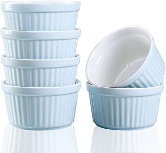 Ramekins 6oz Oven Safe, Creme Brulee Ramekin and Souffle Dishes, Porcelain Baking Bowls, Dipping Sauce Dish.Pudding Cups, Set of 6, Blue.