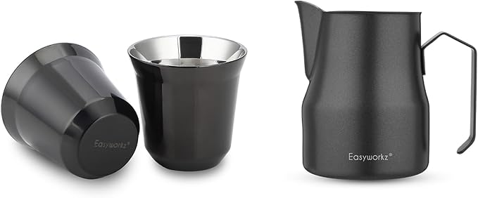 Easyworkz Stainless Steel Espresso Cup 2pcs Set Double Wall 5 oz, Bundled Espresso Steaming Pitcher Stainless Steel 12 oz Coffee Frothing Picther Milk Jug Cappuccino Latte Art Cup