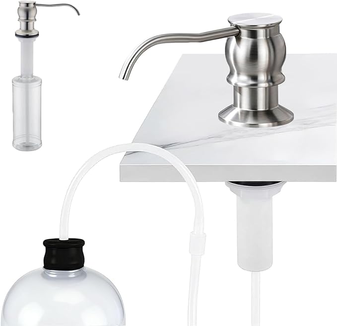 Built in Deck Mount Liquid Lotion Kitchen Countertop Metal Soap Dispenser, Brushed Nickel Brass Dispenser Pump with 47.2" Silicone Long Tube for 0.79 "- 1.38" High Capacity Bottle Mouths